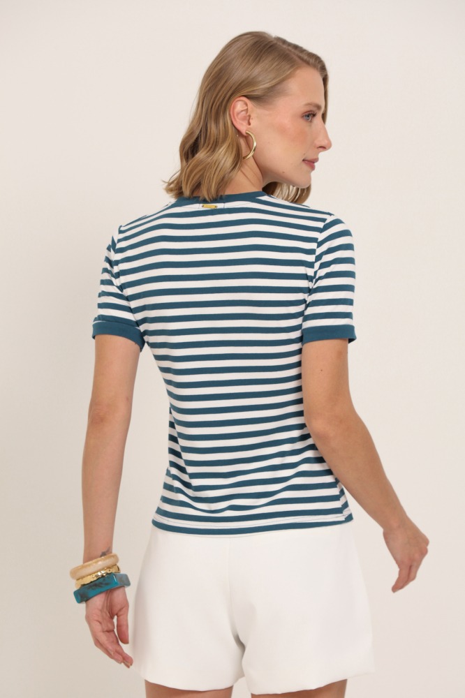 9037564 - Blusa Listrada Punhos e Abertura Decote VERDE 