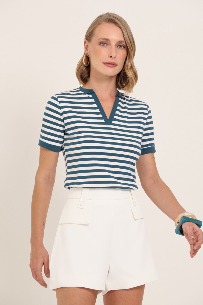 9037564 - Blusa Listrada Punhos e Abertura Decote VERDE 