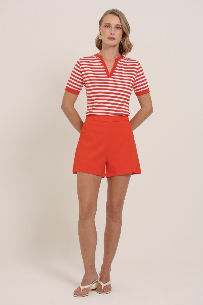 9037564 - Blusa Listrada Punhos e Abertura Decote VERMELHO