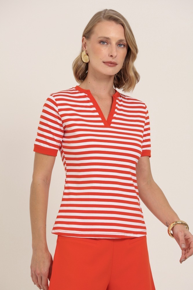 9037564 - Blusa Listrada Punhos e Abertura Decote VERMELHO
