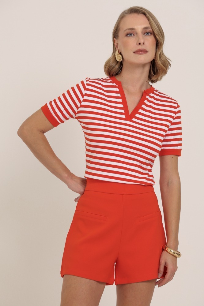 9037564 - Blusa Listrada Punhos e Abertura Decote VERMELHO