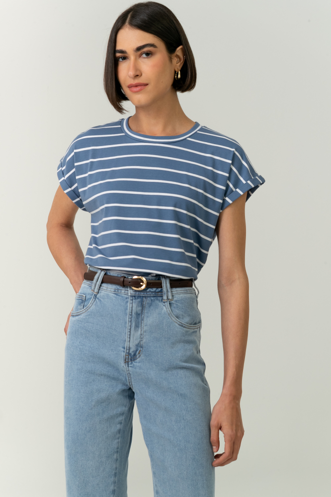 9037565 - Blusa Listrada Manga E Cava Caída AZUL 9037565 - Blusa Listrada Manga E Cava Caída AZUL
