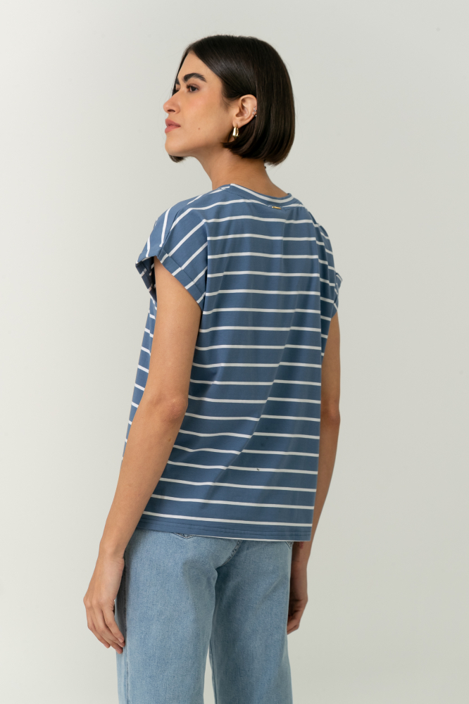 9037565 - Blusa Listrada Manga E Cava Caída AZUL 9037565 - Blusa Listrada Manga E Cava Caída AZUL