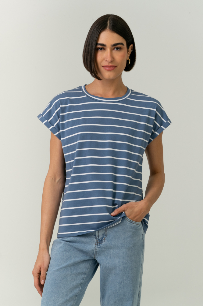 9037565 - Blusa Listrada Manga E Cava Caída AZUL 9037565 - Blusa Listrada Manga E Cava Caída AZUL