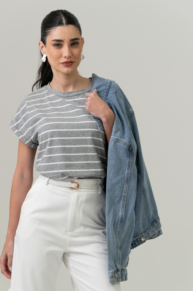 9037565 - Blusa Listrada Manga E Cava Caída MESCLA