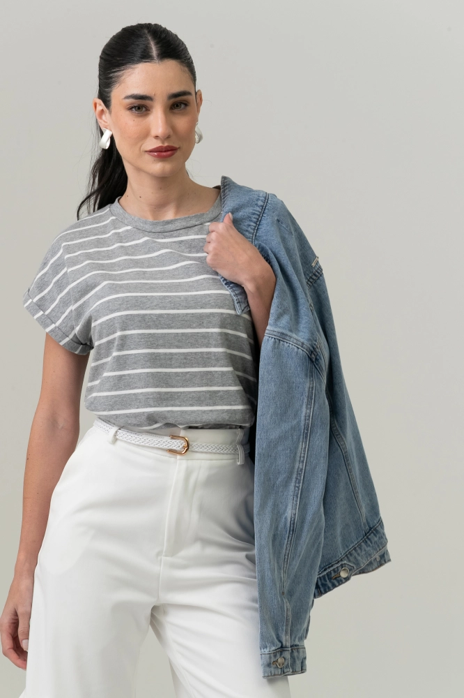 9037565 - Blusa Listrada Manga E Cava Caída MESCLA 9037565 - Blusa Listrada Manga E Cava Caída MESCLA - Imagem 1