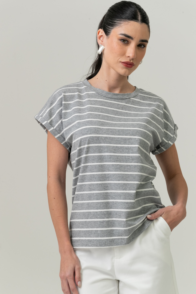 9037565 - Blusa Listrada Manga E Cava Caída MESCLA
