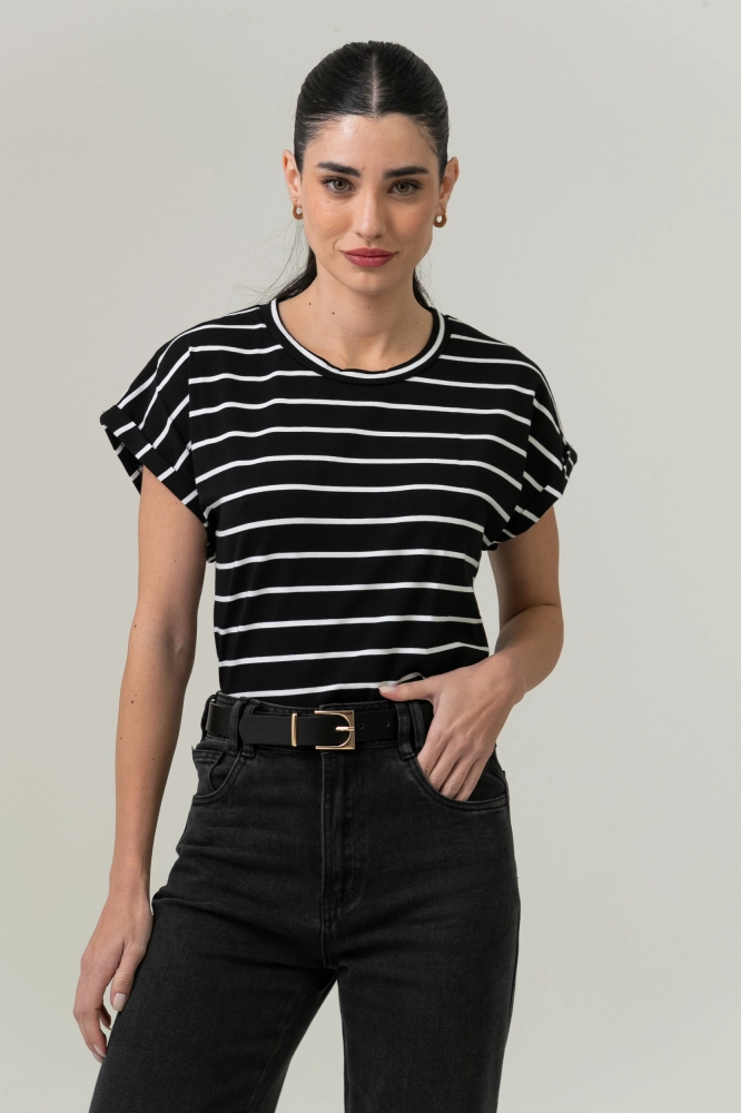 9037565 - Blusa Listrada Manga E Cava Caída PRETO 9037565 - Blusa Listrada Manga E Cava Caída PRETO - Imagem 1