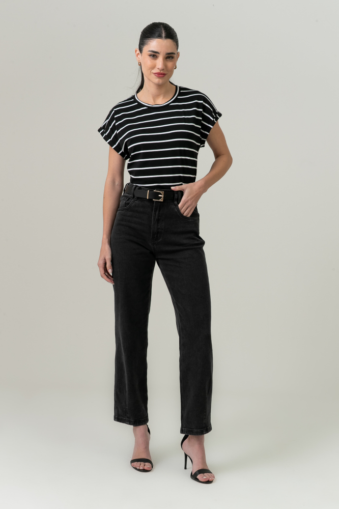 9037565 - Blusa Listrada Manga E Cava Caída PRETO 9037565 - Blusa Listrada Manga E Cava Caída PRETO