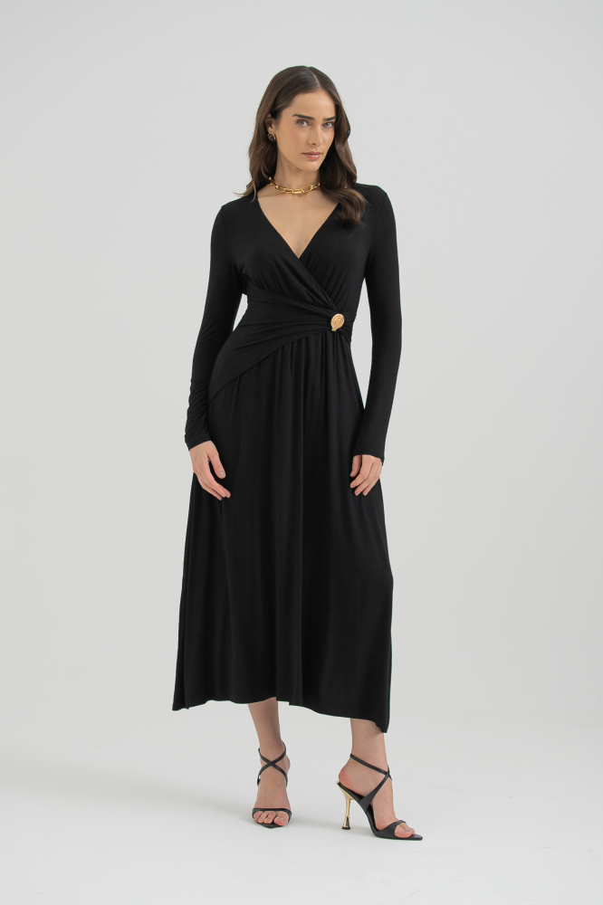 9037573 - Vestido Transpassado Malha Com Detalhe Franzido PRETO 9037573 - Vestido Transpassado Malha Com Detalhe Franzido PRETO