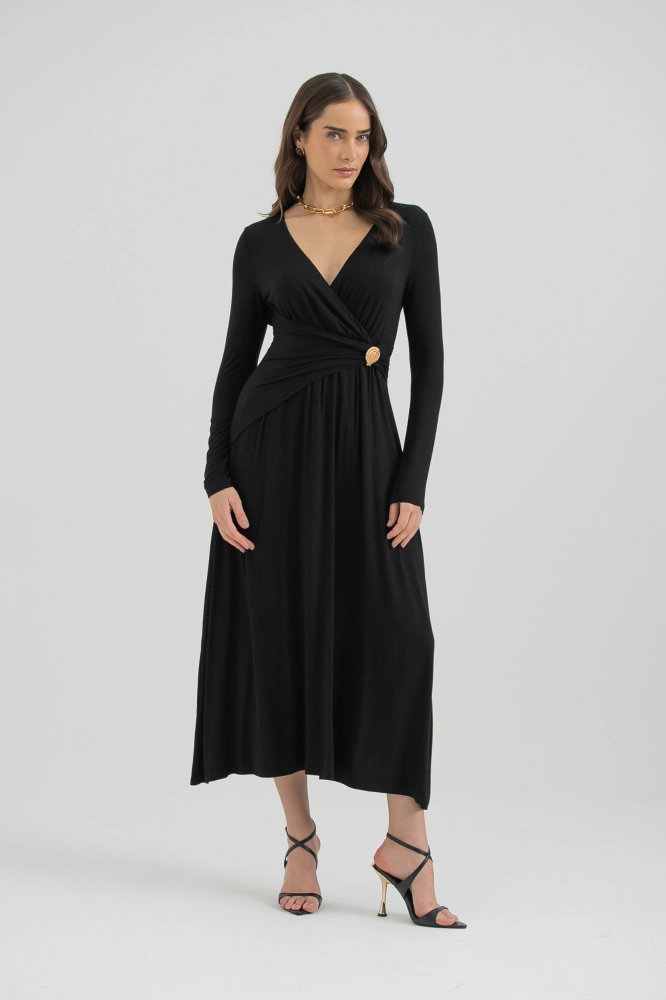 9037573 - Vestido Transpassado Malha Com Detalhe Franzido PRETO - Imagem 1
