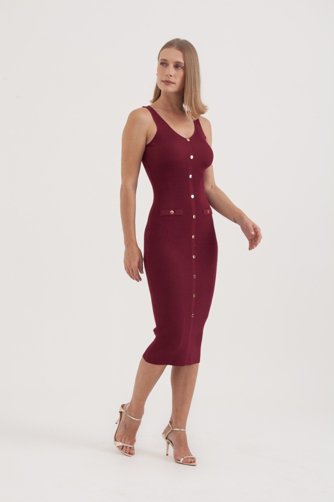 9037578 - Vestido Regata Tricot Midi Com Botões E Lapelas VINHO 9037578 - Vestido Regata Tricot Midi Com Botões E Lapelas VINHO