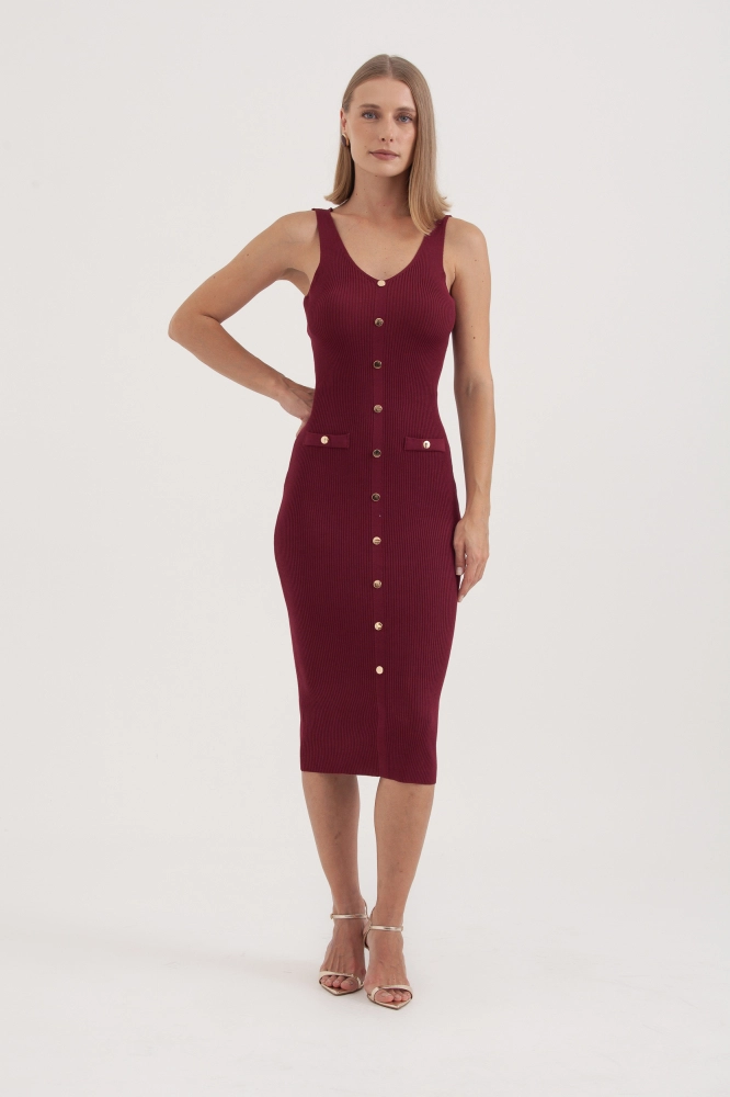 9037578 - Vestido Regata Tricot Midi Com Botões E Lapelas VINHO 9037578 - Vestido Regata Tricot Midi Com Botões E Lapelas VINHO - Imagem 1