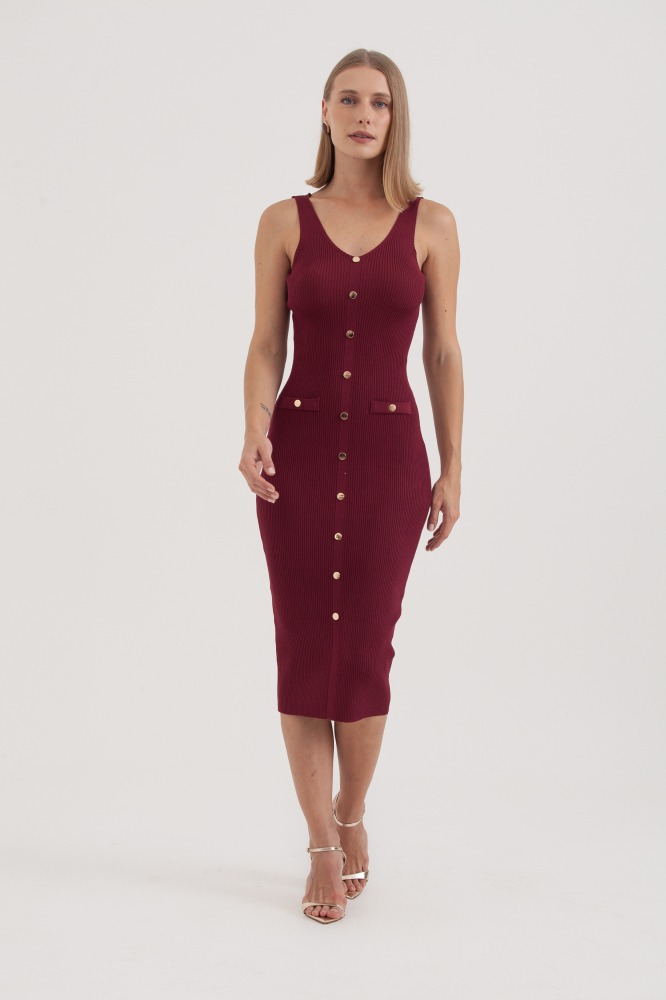 9037578 - Vestido Regata Tricot Midi Com Botões E Lapelas VINHO 9037578 - Vestido Regata Tricot Midi Com Botões E Lapelas VINHO