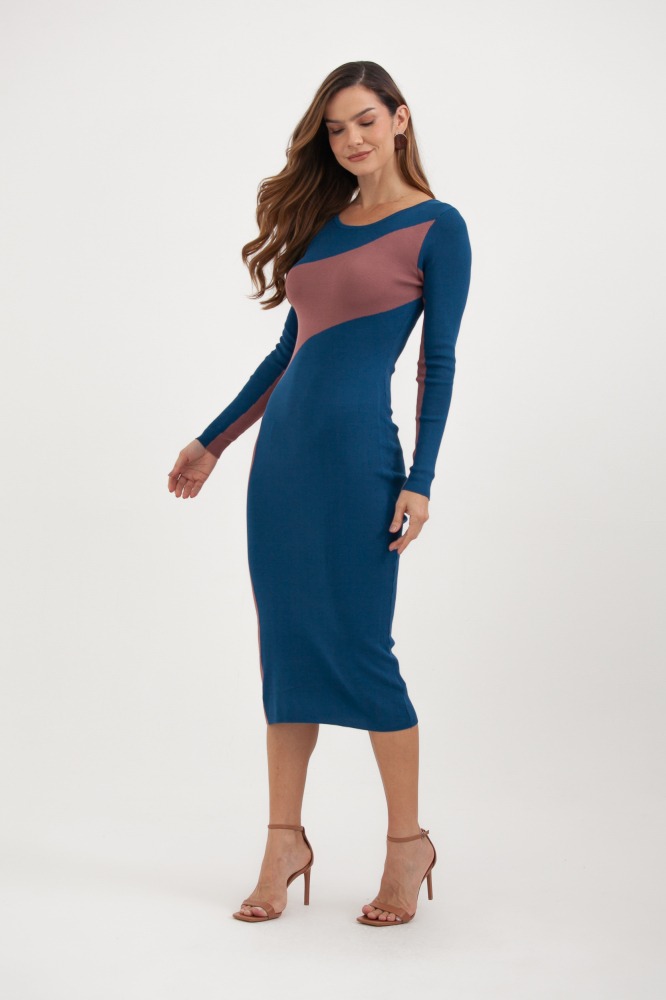 9037580 - Vestido Tricot Longo Faixa Diagonal Lateral AZUL 9037580 - Vestido Tricot Longo Faixa Diagonal Lateral AZUL