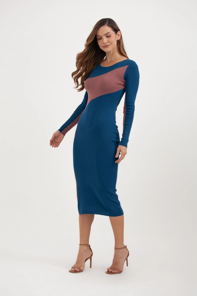 9037580 - Vestido Tricot Longo Faixa Diagonal Lateral AZUL 9037580 - Vestido Tricot Longo Faixa Diagonal Lateral AZUL - Imagem 2