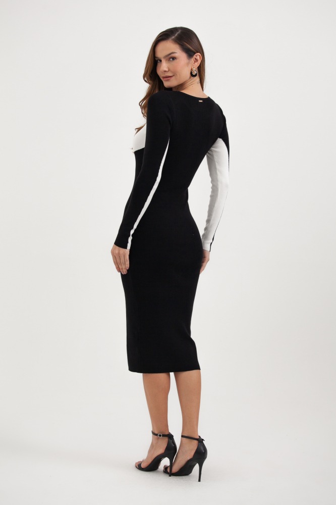 9037580 - Vestido Tricot Longo Faixa Diagonal Lateral PRETO 9037580 - Vestido Tricot Longo Faixa Diagonal Lateral PRETO