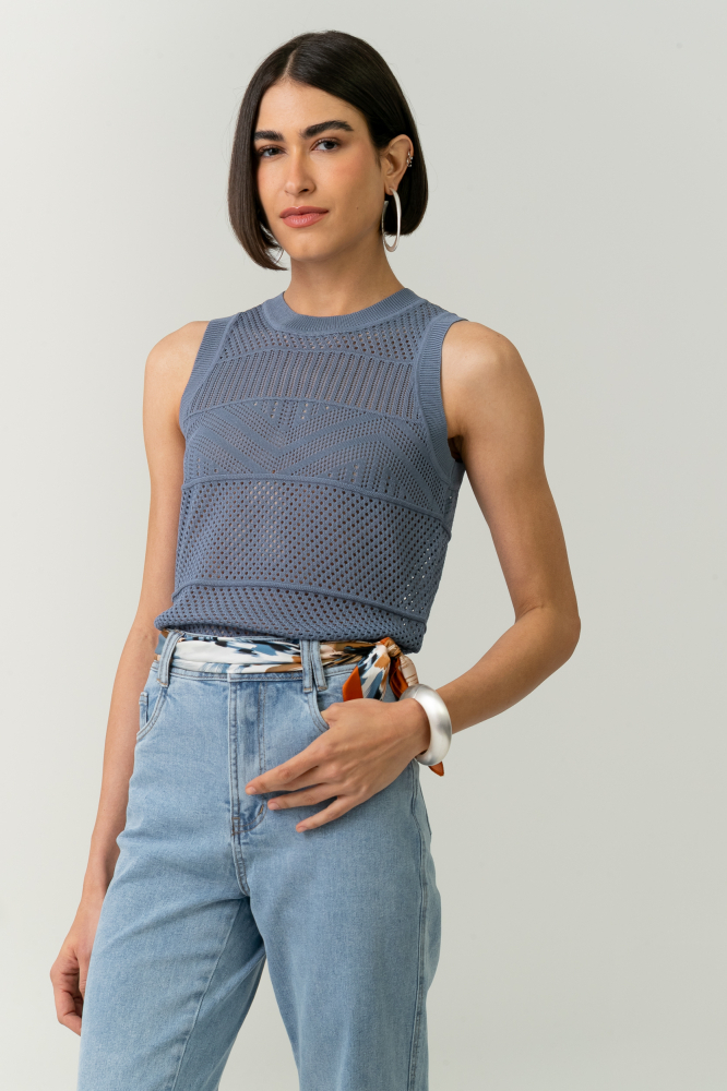 9037585 - Blusa Tricot Regata Ponto Telado AZUL