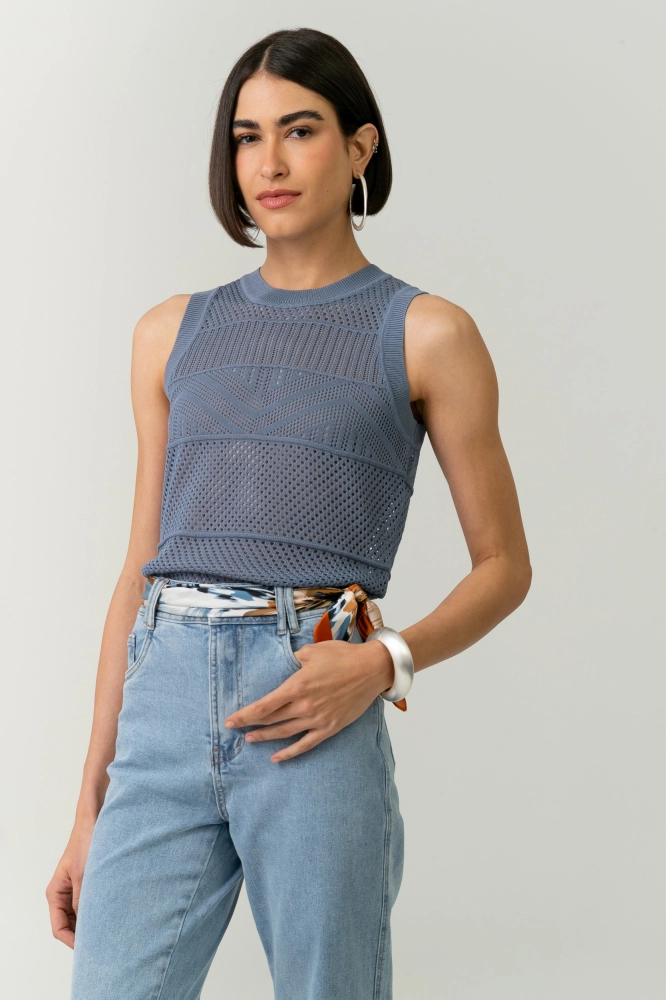 9037585 - Blusa Tricot Regata Ponto Telado AZUL 9037585 - Blusa Tricot Regata Ponto Telado AZUL - Imagem 1
