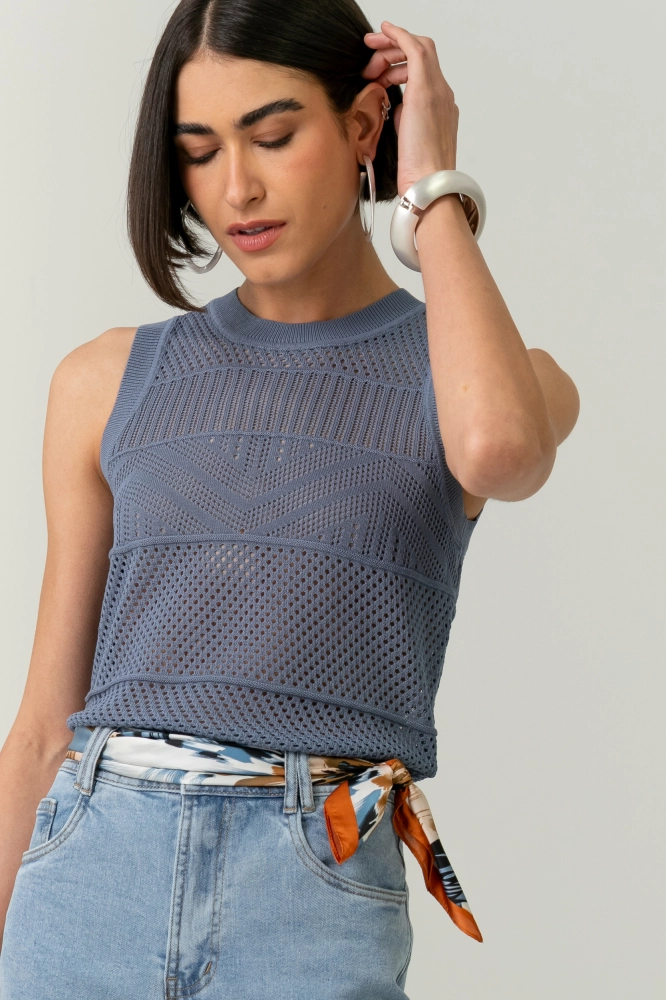 9037585 - Blusa Tricot Regata Ponto Telado AZUL 9037585 - Blusa Tricot Regata Ponto Telado AZUL - Imagem 2
