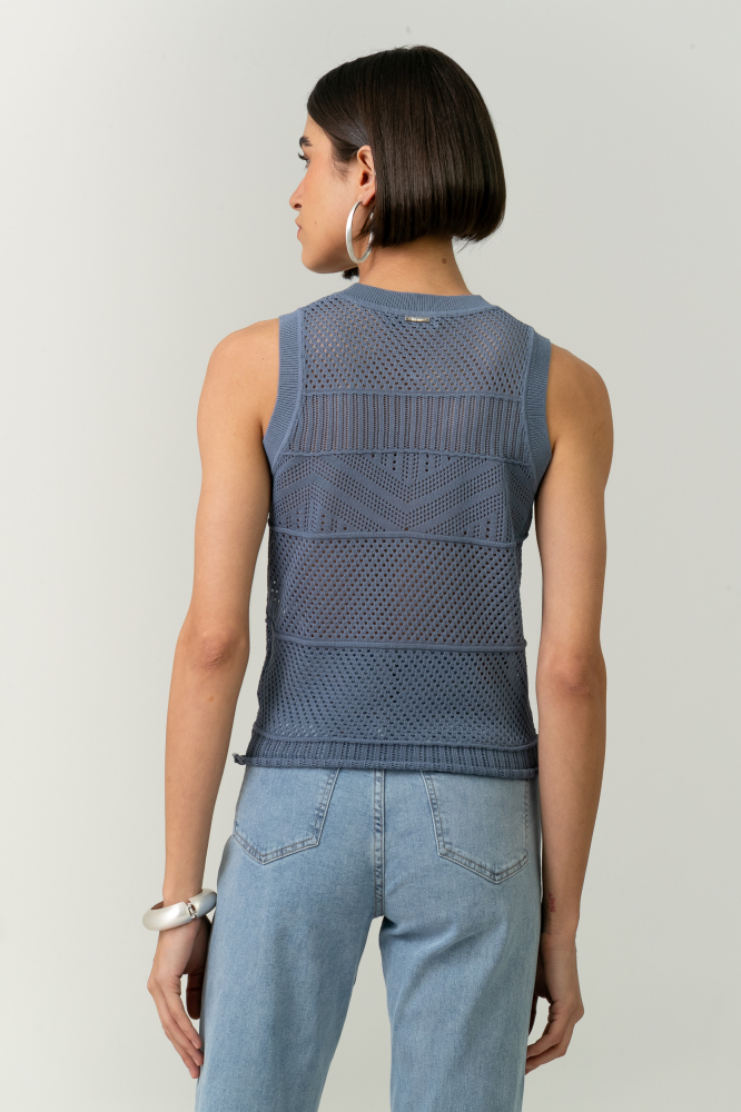 9037585 - Blusa Tricot Regata Ponto Telado AZUL