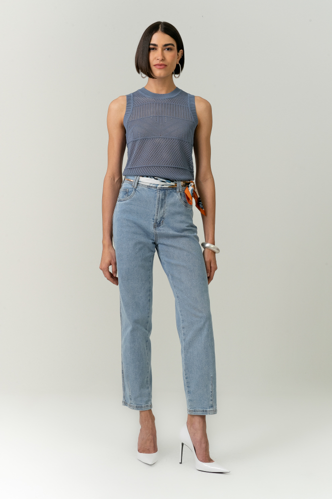 9037585 - Blusa Tricot Regata Ponto Telado AZUL
