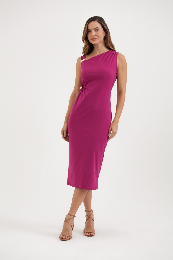 9037599 - Vestido Malha Assimétrico Drapeado Com Aviamento FÚCSIA 9037599 - Vestido Malha Assimétrico Drapeado Com Aviamento FÚCSIA