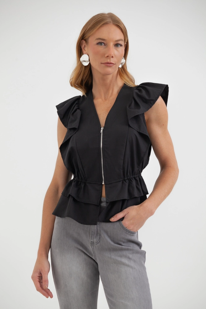 9037605 - Blusa Zíper Mangas Babados Com Peplum PRETO 9037605 - Blusa Zíper Mangas Babados Com Peplum PRETO - Imagem 1