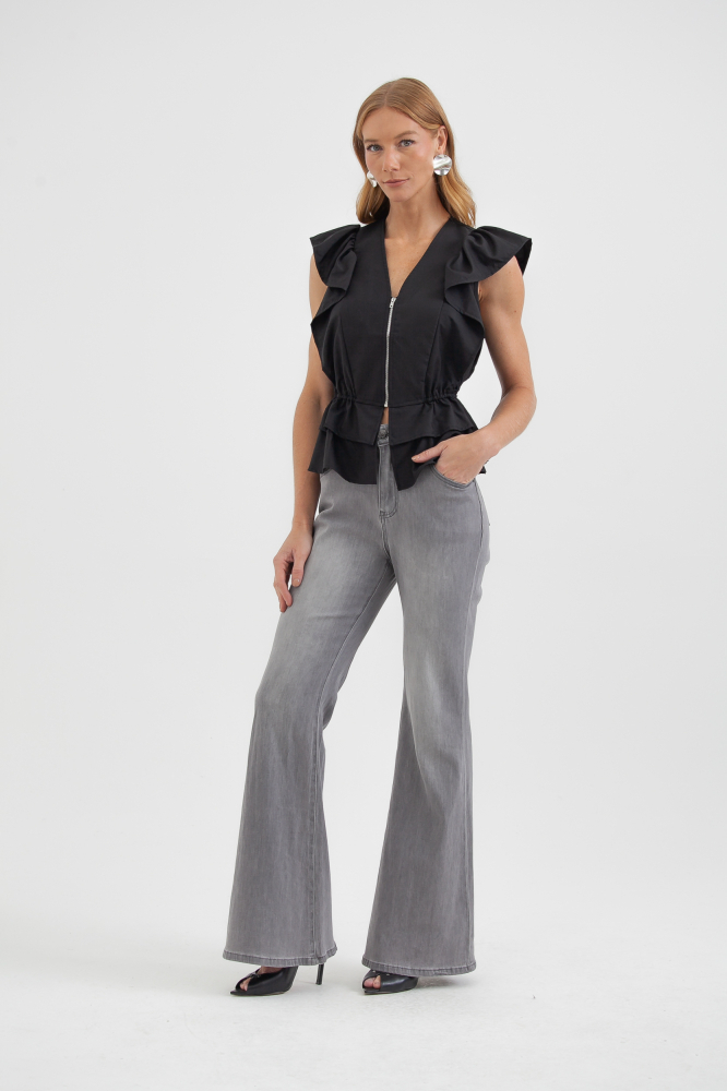 9037605 - Blusa Zíper Mangas Babados Com Peplum PRETO
