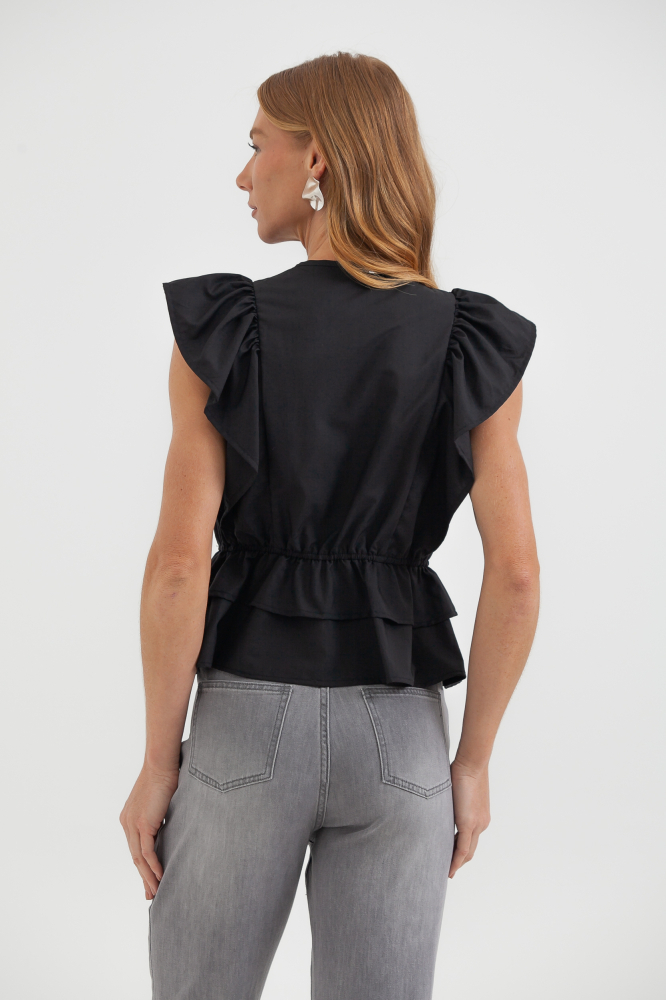 9037605 - Blusa Zíper Mangas Babados Com Peplum PRETO
