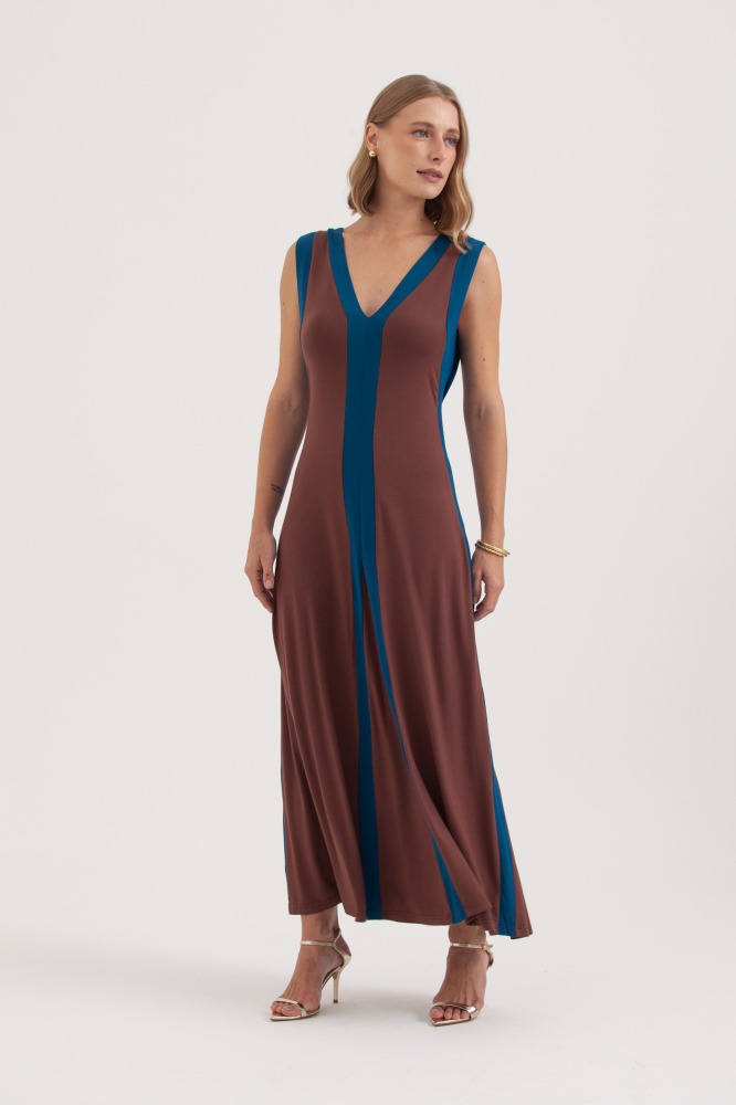 9037614 - Vestido Malha Longo Faixas Bicolor MARROM 9037614 - Vestido Malha Longo Faixas Bicolor MARROM