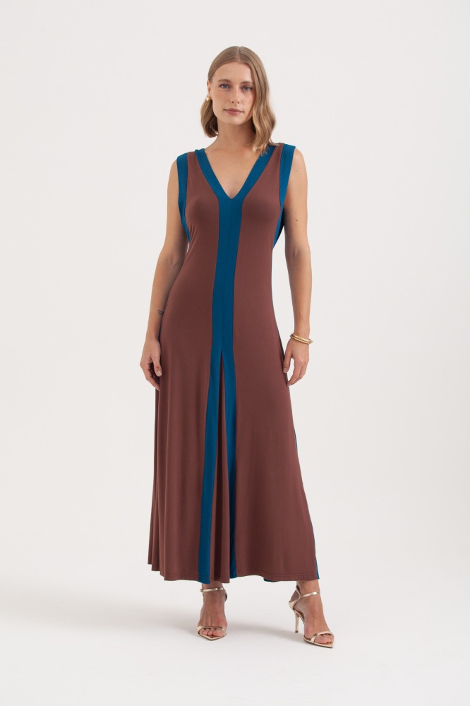 9037614 - Vestido Malha Longo Faixas Bicolor MARROM 9037614 - Vestido Malha Longo Faixas Bicolor MARROM