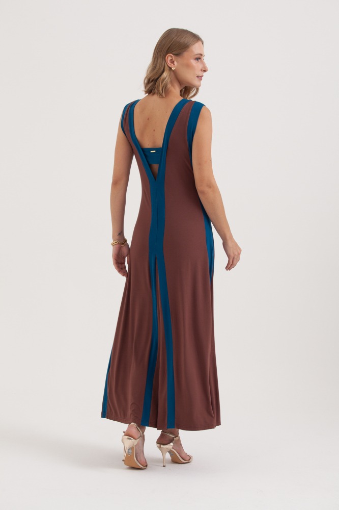 9037614 - Vestido Malha Longo Faixas Bicolor MARROM 9037614 - Vestido Malha Longo Faixas Bicolor MARROM
