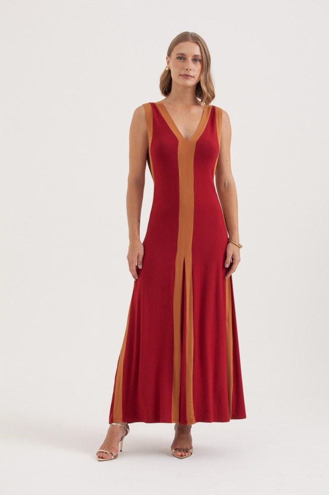 9037614 - Vestido Malha Longo Faixas Bicolor VINHO 9037614 - Vestido Malha Longo Faixas Bicolor VINHO