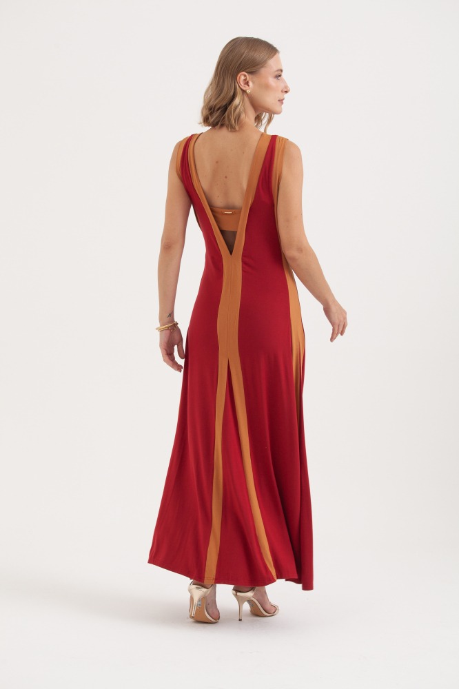 9037614 - Vestido Malha Longo Faixas Bicolor VINHO 9037614 - Vestido Malha Longo Faixas Bicolor VINHO