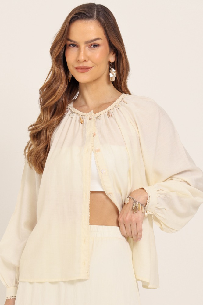 9037625 - Blusa Manga Longa Crochê E Pingentes AREIA