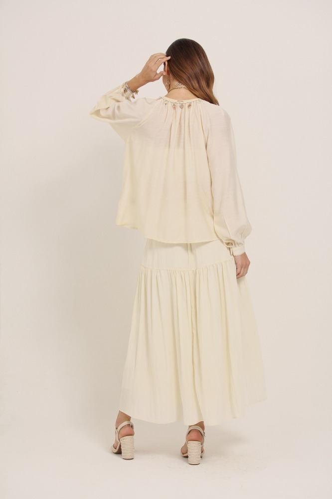 9037626 - Saia Longa Com Crochê E Pingentes AREIA