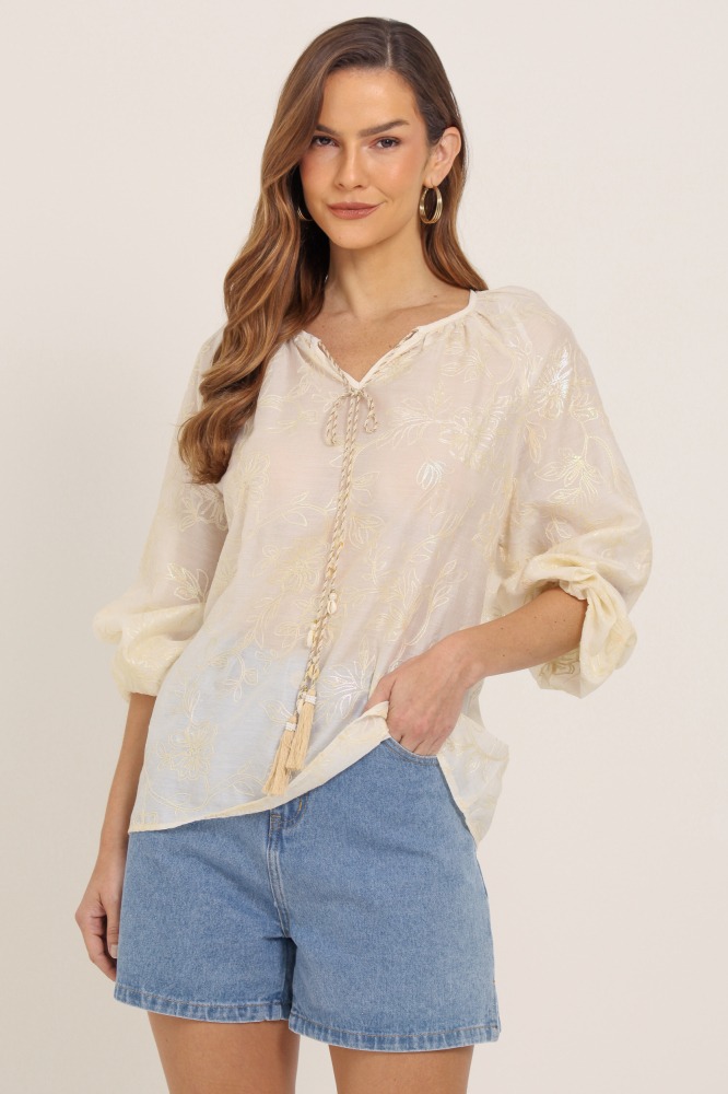 9037627 - Blusa Manga Longa Bordada E Cordão Com Tassel AREIA 9037627 - Blusa Manga Longa Bordada E Cordão Com Tassel AREIA