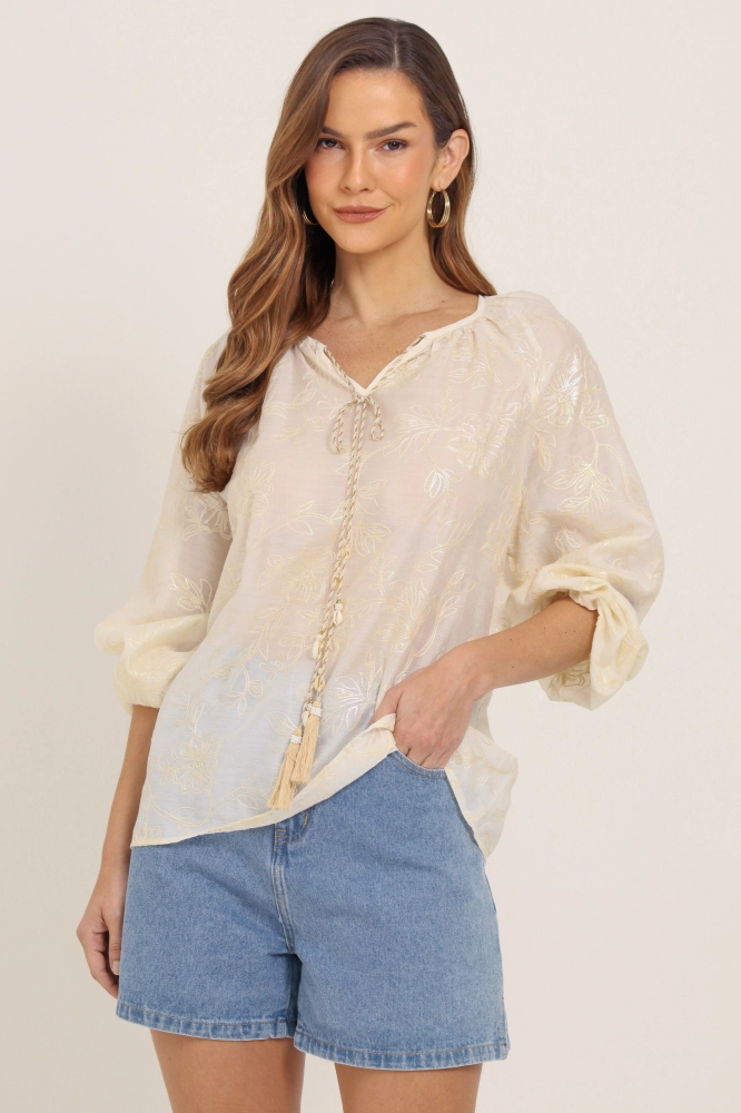 9037627 - Blusa Manga Longa Bordada E Cordão Com Tassel AREIA