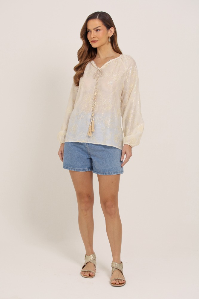 9037627 - Blusa Manga Longa Bordada E Cordão Com Tassel AREIA 9037627 - Blusa Manga Longa Bordada E Cordão Com Tassel AREIA