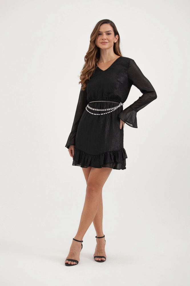 9037649 - Vestido Manga Longa Com Babados Punho E Barra PRETO 9037649 - Vestido Manga Longa Com Babados Punho E Barra PRETO - Imagem 1
