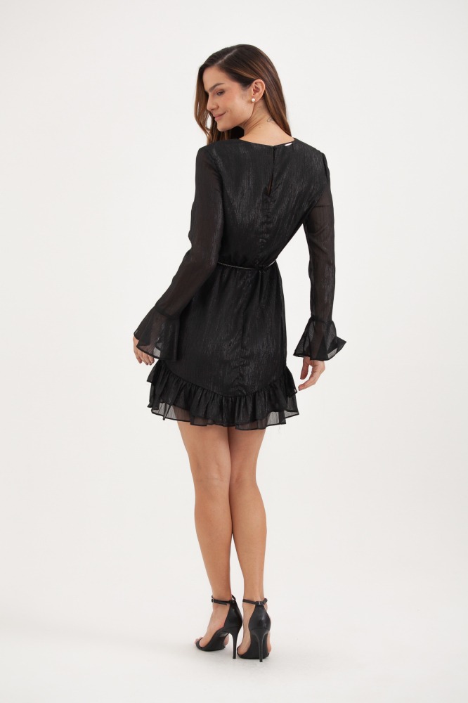 9037649 - Vestido Manga Longa Com Babados Punho E Barra PRETO 9037649 - Vestido Manga Longa Com Babados Punho E Barra PRETO