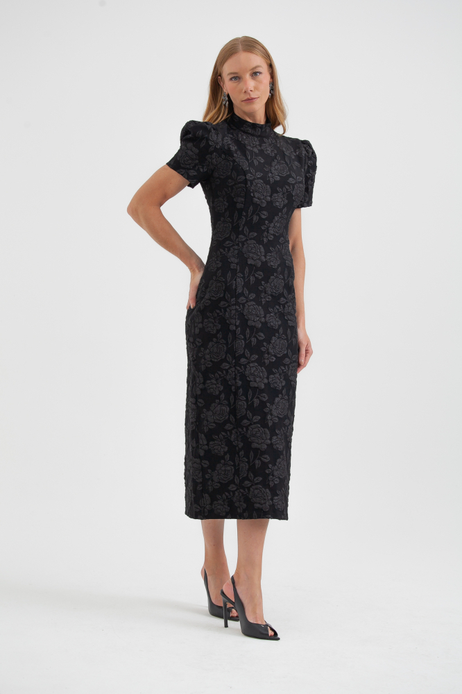 9037660 - Vestido Jacquard Floral Manga Bufante PRETO 9037660 - Vestido Jacquard Floral Manga Bufante PRETO