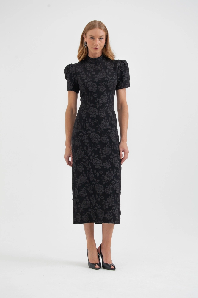 9037660 - Vestido Jacquard Floral Manga Bufante PRETO 9037660 - Vestido Jacquard Floral Manga Bufante PRETO - Imagem 1