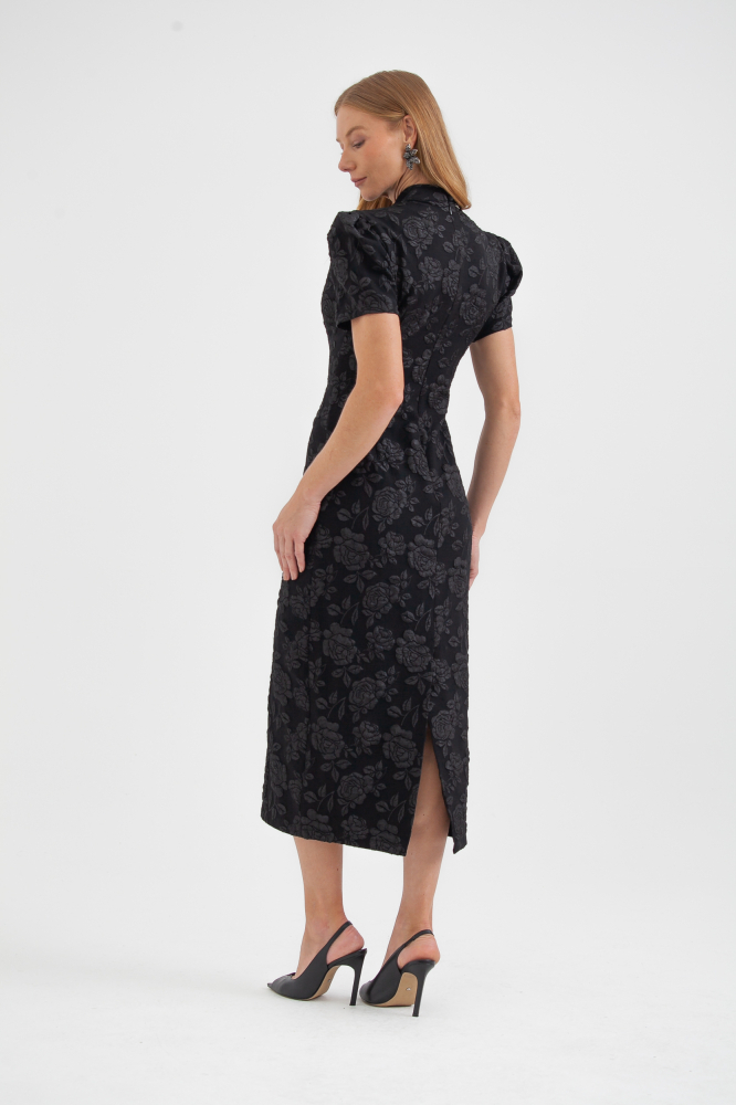 9037660 - Vestido Jacquard Floral Manga Bufante PRETO 9037660 - Vestido Jacquard Floral Manga Bufante PRETO