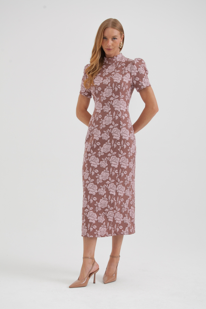 9037660 - Vestido Jacquard Floral Manga Bufante ROSÊ 9037660 - Vestido Jacquard Floral Manga Bufante ROSÊ