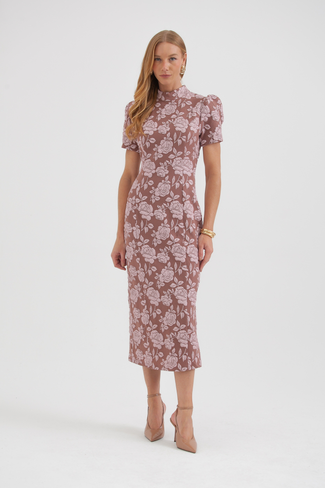 9037660 - Vestido Jacquard Floral Manga Bufante ROSÊ 9037660 - Vestido Jacquard Floral Manga Bufante ROSÊ