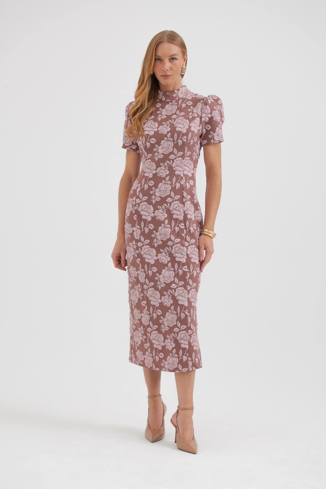 9037660 - Vestido Jacquard Floral Manga Bufante ROSÊ 9037660 - Vestido Jacquard Floral Manga Bufante ROSÊ - Imagem 1