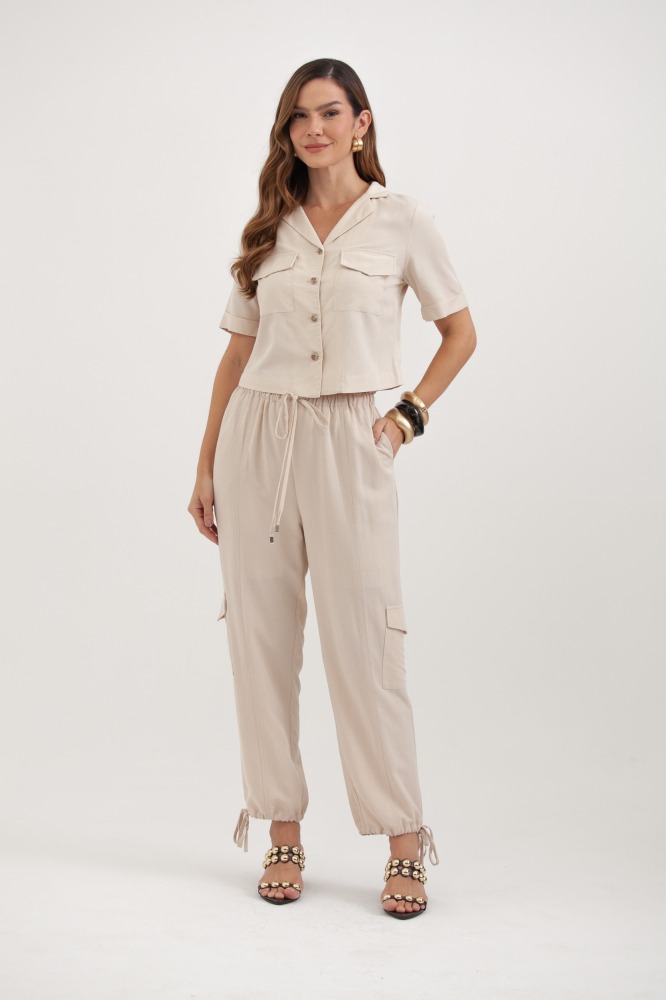 9037676 - Calça Clochard Linho Com Bolsos E Amarração BEGE