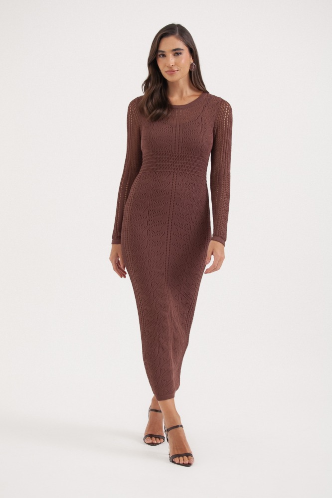 9037684 - Vestido Tricot Manga Longa Ponto Telado MARROM
